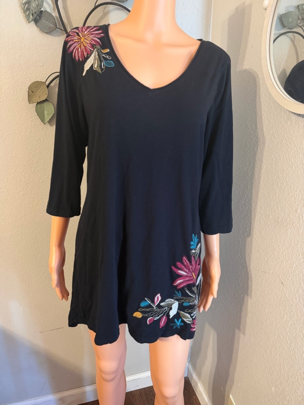 Embroidered Black V-Neck Tunic Top - Floral Detail